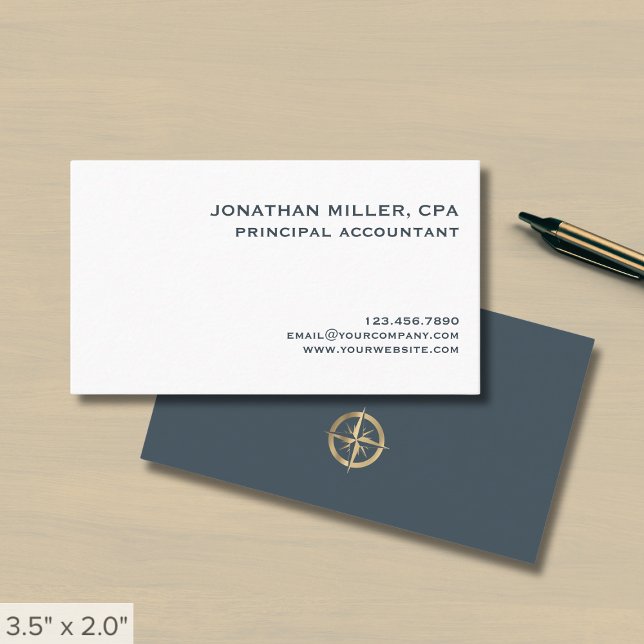 Simple White Grey Gold Compass Logo Business Card (Creator Uploaded)