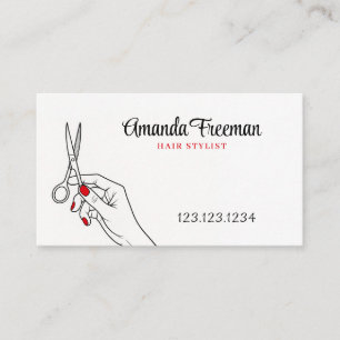Simple White Hand Holding Scissors Hair Stylist Business Card