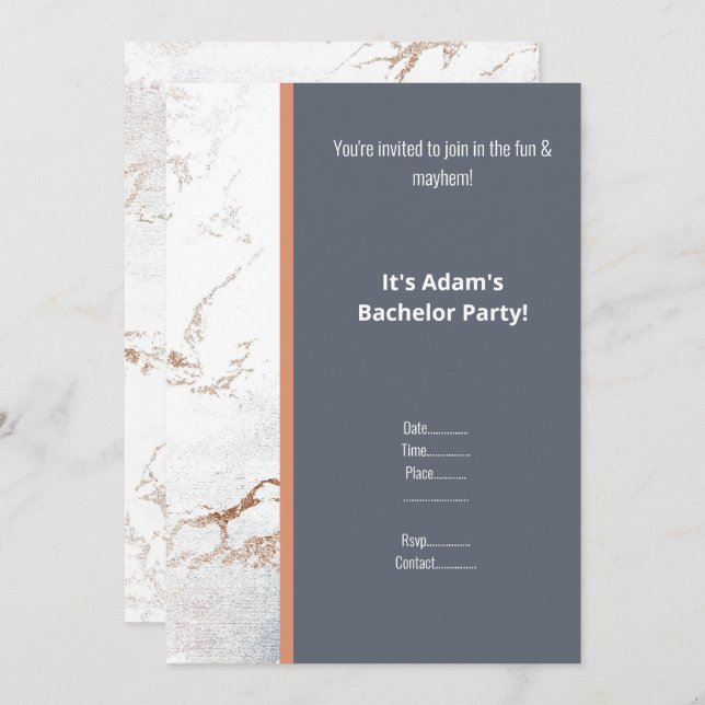 SIMPLE WHITE MARBLE ROSE GOLD BACHELOR PARTY INVITATION (Front/Back)