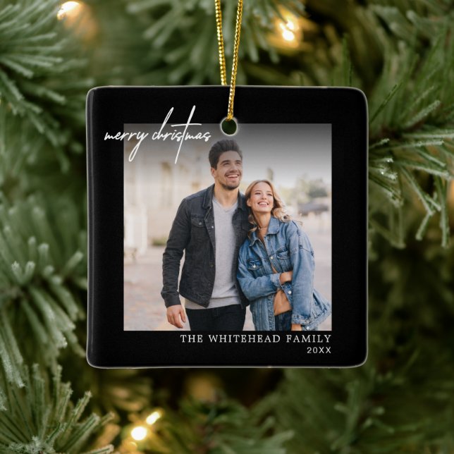 Simple White Merry Christmas Photo Black Ceramic Ornament (Tree)