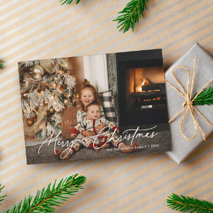Simple White Merry Christmas Script Overlay Photo Holiday Card
