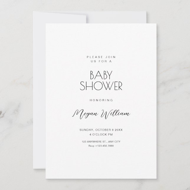 Simple white minimalist baby shower invitation (Front)