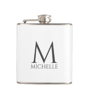 Simple White Minimalist Design Name Monogram Hip Flask