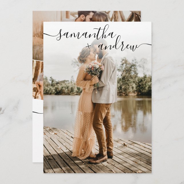 Simple white minimalist font 5 photos wedding invitation (Front/Back)