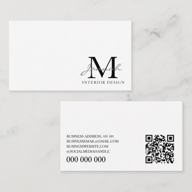 Simple White Minimalist Interior Design Monogram Business Card (Front/Back)