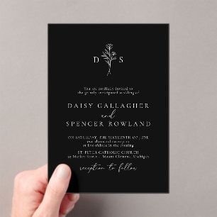 Simple White Modern Floral Monogram Wedding Black Acrylic Invitations