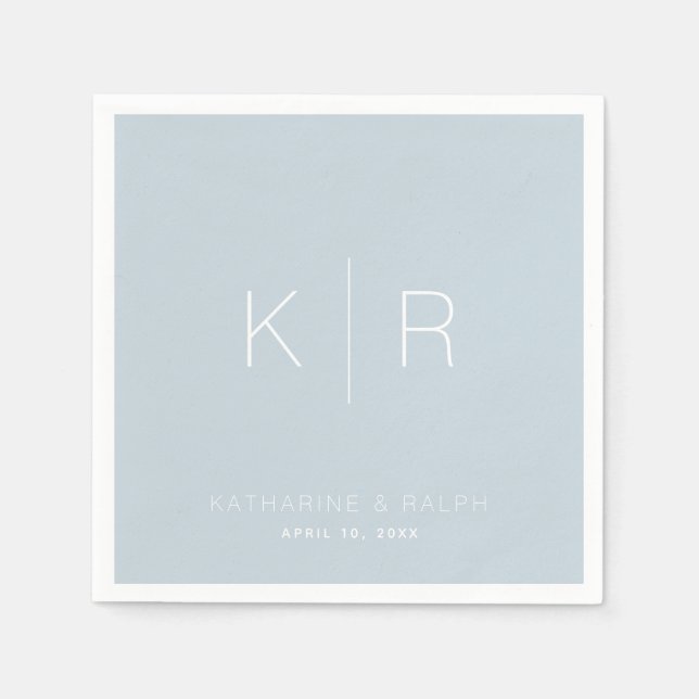 Simple White Monogram Dusty Blue Wedding Napkins (Front)