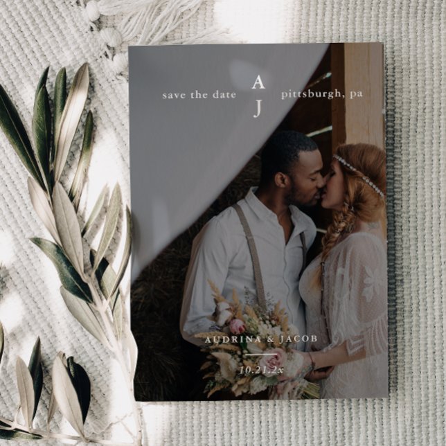 Simple White Monogram Photo Wedding Save The Date (Creator Uploaded)