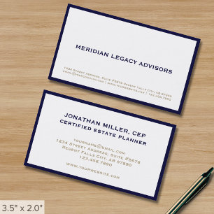 Simple White Navy Blue Border Business Card
