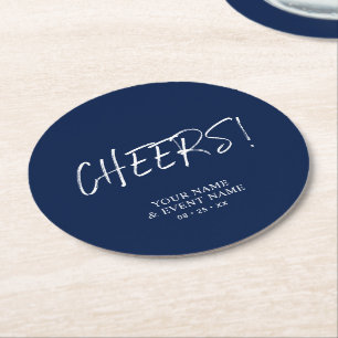 Simple White & Navy Cheers Adult Birthday Party Round Paper Coaster