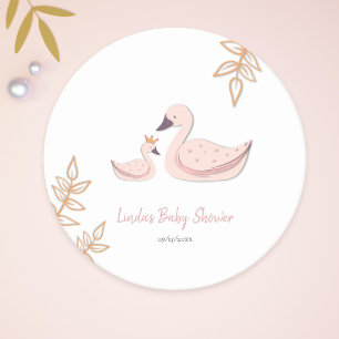 Simple White Pink Swan with Cygnet Baby Shower Round Paper Coaster