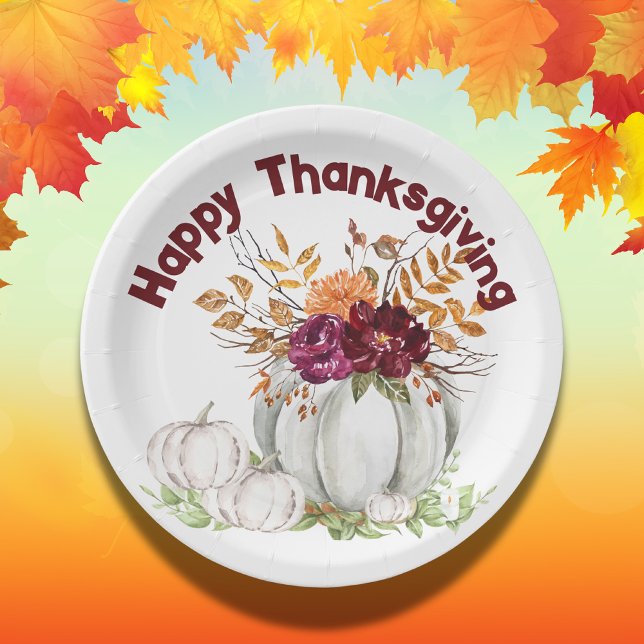 Simple White Pumpkin & Floral Thanksgiving | Paper Plate (Creator Uploaded)