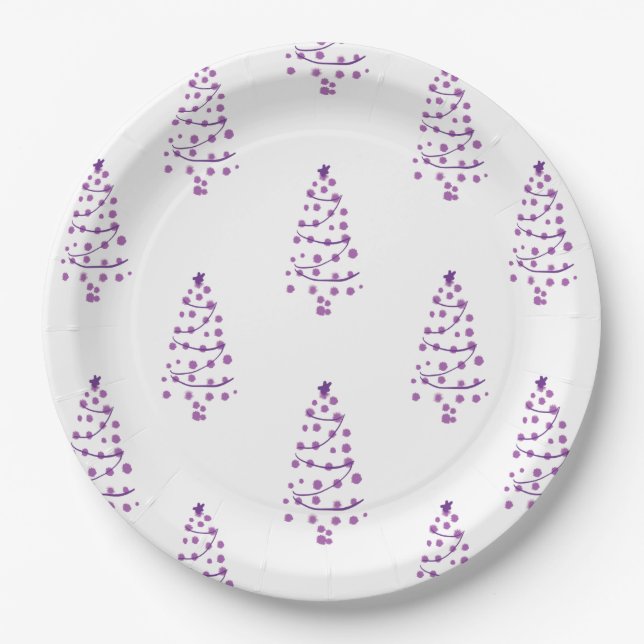 Simple White & purple Christmas Tree Pattern Paper Plate (Front)