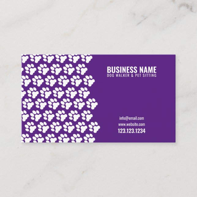Simple White & Purple Pattern Paw Print Dog Walker Business Card (Front)