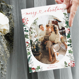 Simple White Red Calligraphy Photo Christmas Card 