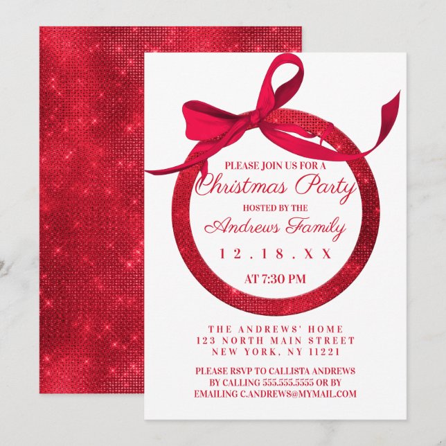 Simple White Red Glitter Bow Ornament Christmas Invitation (Front/Back)