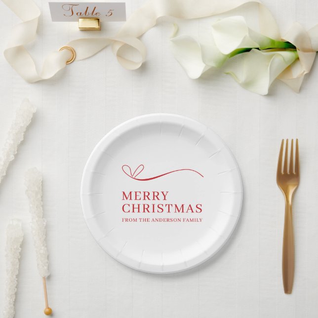 Simple white red modern Merry Christmas Paper Plate (Wedding)