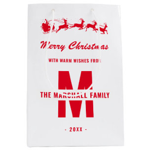 Simple White Red Monogram Family Name Christmas Medium Gift Bag