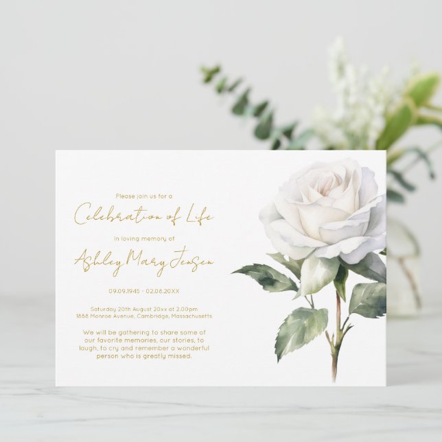 Simple White Rose Celebration of Life Funeral Invitation (Standing Front)
