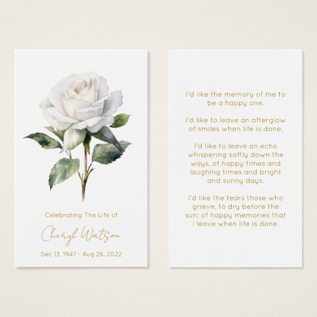 Simple White rose Funeral Memorial Prayer Card (Front & Back)