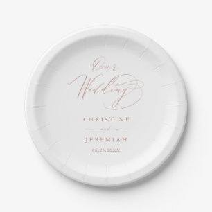 Simple White Rose Gold Modern Script Wedding Paper Plate