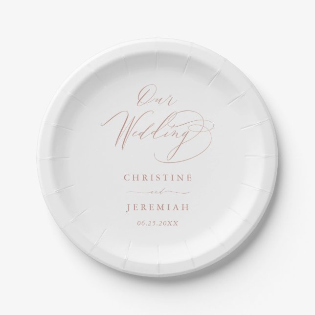 Simple White Rose Gold Modern Script Wedding Paper Plate (Front)