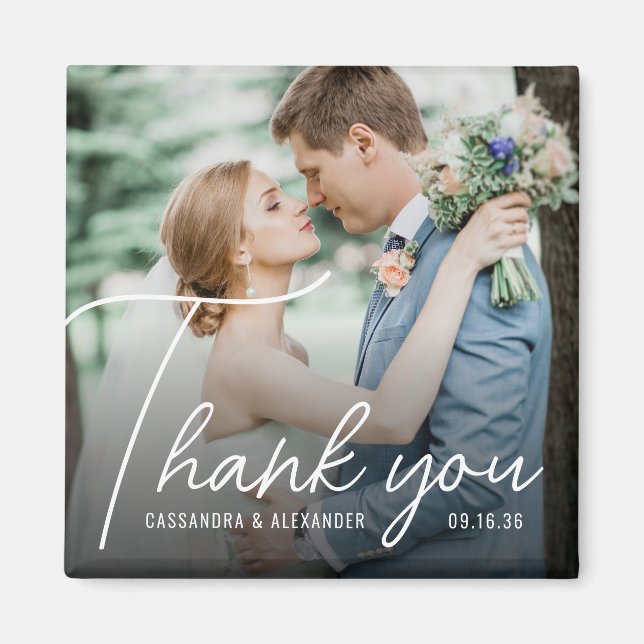 Simple White Script Thank You Photo Wedding Magnet (Front)