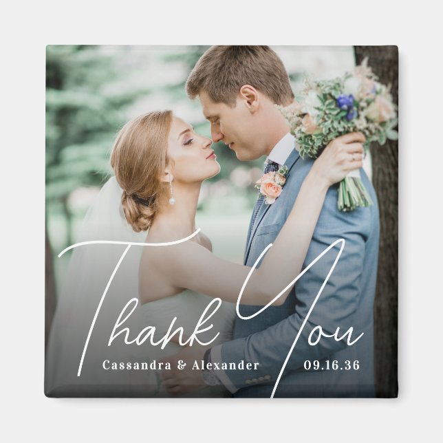 Simple White Script Thank You Photo Wedding Magnet (Front)