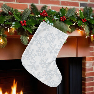 Simple White Snowflake Pattern Monogrammed  Large Christmas Stocking