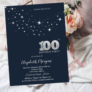 Simple White Stars Blue 100th Birthday Party Invitation