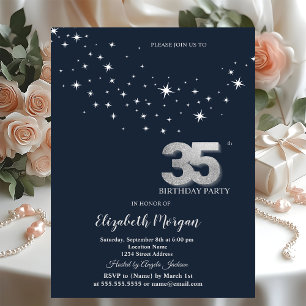 Simple White Stars Blue 35th Birthday Party Invitation