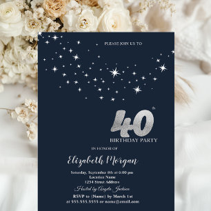 Simple White Stars Blue 40th Birthday Party Invitation