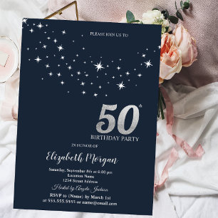 Simple White Stars Blue 50th Birthday Party Invitation