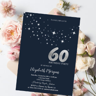 Simple White Stars Blue 60th Birthday Party Invitation
