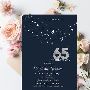Simple White Stars Blue 65th Birthday Party Invitation
