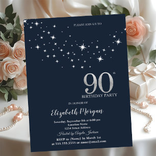 Simple White Stars Blue 90th Birthday Party Invitation