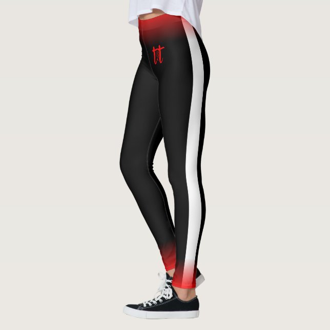 Simple White Stripe on Black with Red and T&T Text Leggings (Left)