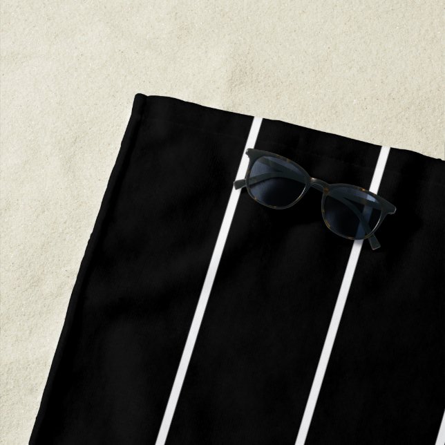 Simple White Stripes on Black Background Beach Towel (In Situ)