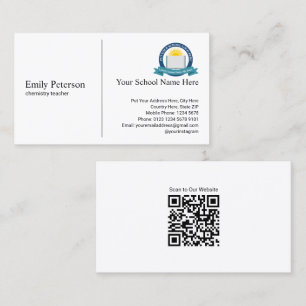 Simple White Teacher with School Logo and QR Code Business Card