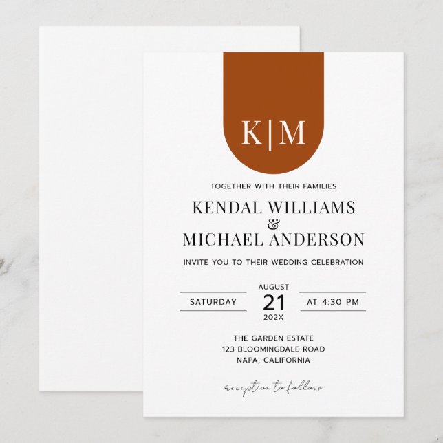 Simple white terracotta elegant monogram wedding invitation (Front/Back)