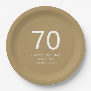 Simple White Text 70th Name Gold Birthday Party Paper Plate