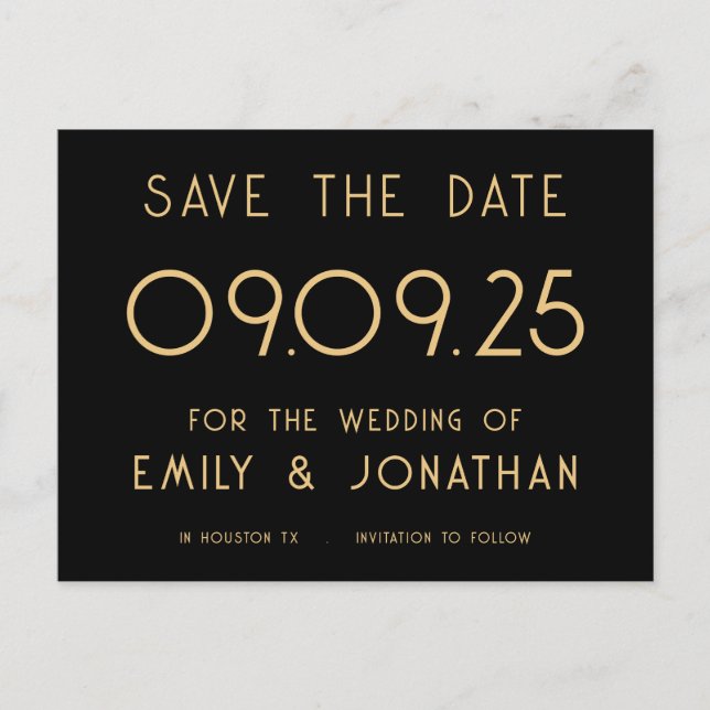 Simple White Typography Gold Black Wedding Announcement Postcard (Front)