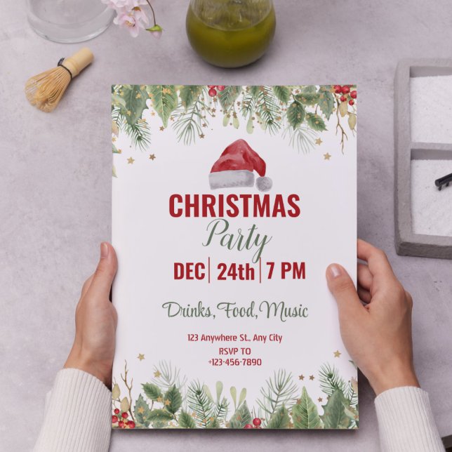 Simple White Watercolor Floral Christmas Party  Invitation (Simple White Watercolor Floral Christmas Party Invitation)