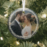 Simple White Wheat Wreath Add Wedding Photo Glass Tree Decoration<br><div class="desc">Romantic round glass Christmas ornament to celebrate your first Christmas as a married couple. Add a photo from your wedding inside a simply drawn wheat wreath in white. A pretty greenery frame for your wedding photo.</div>
