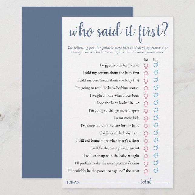 Simple Who Said It First | Dusty Blue Game Card (Front/Back)