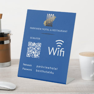 Simple Wifi Network Password QR Code Logo Blue Pedestal Sign