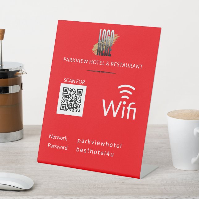 Simple Wifi Network Password QR Code Logo Red Pedestal Sign (In SItu)