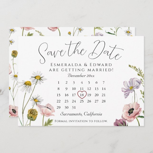 Simple Wild Flower Wedding Calendar Save The Date  (Front/Back)