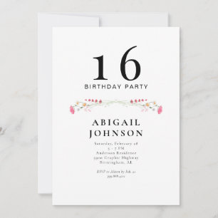 Simple Wildflower 16th Birthday Party  Invitation