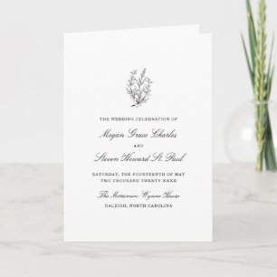 Simple Wildflower Black and White Wedding Program Card